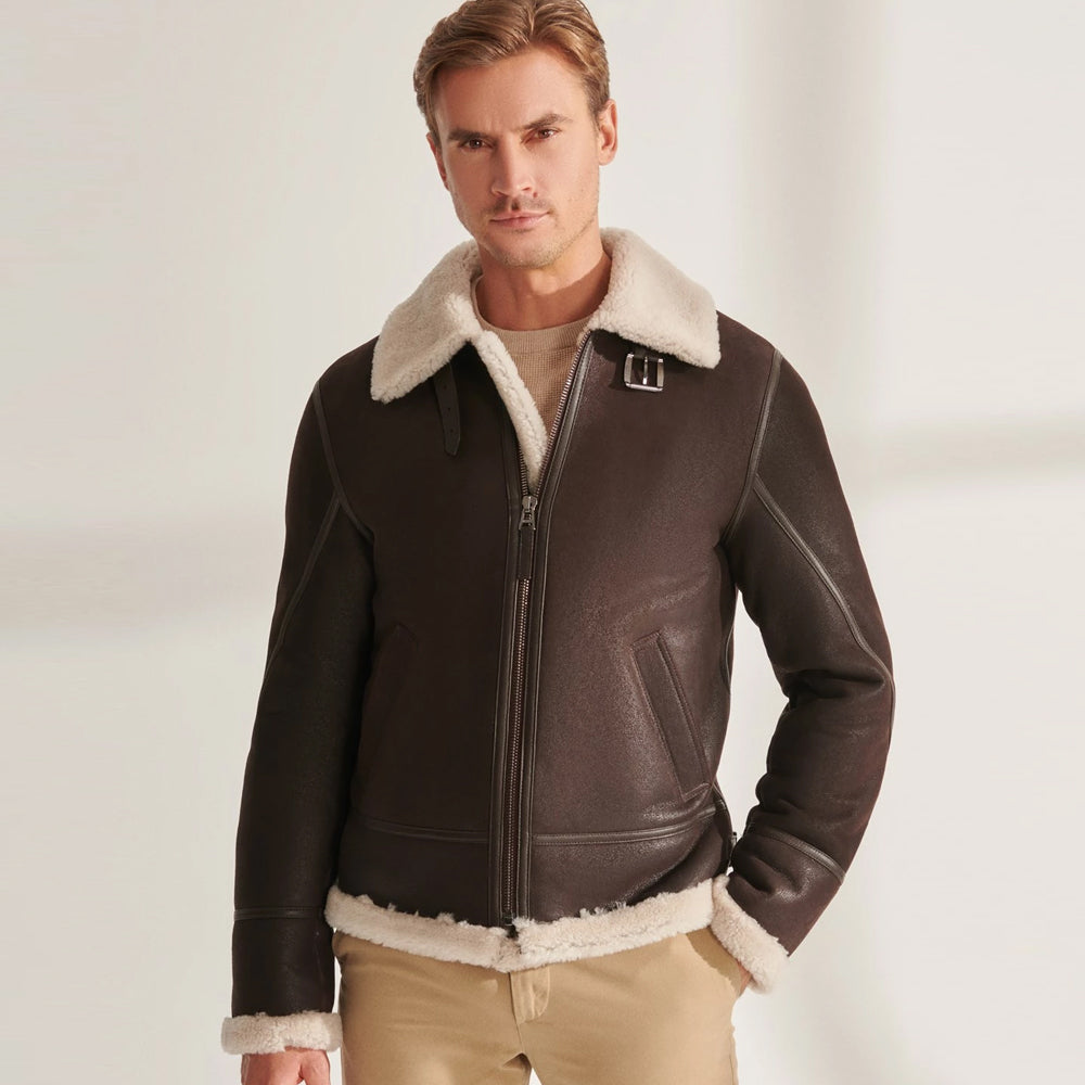 Genuine Sheepskin Fur Brown Leather Jacket for men