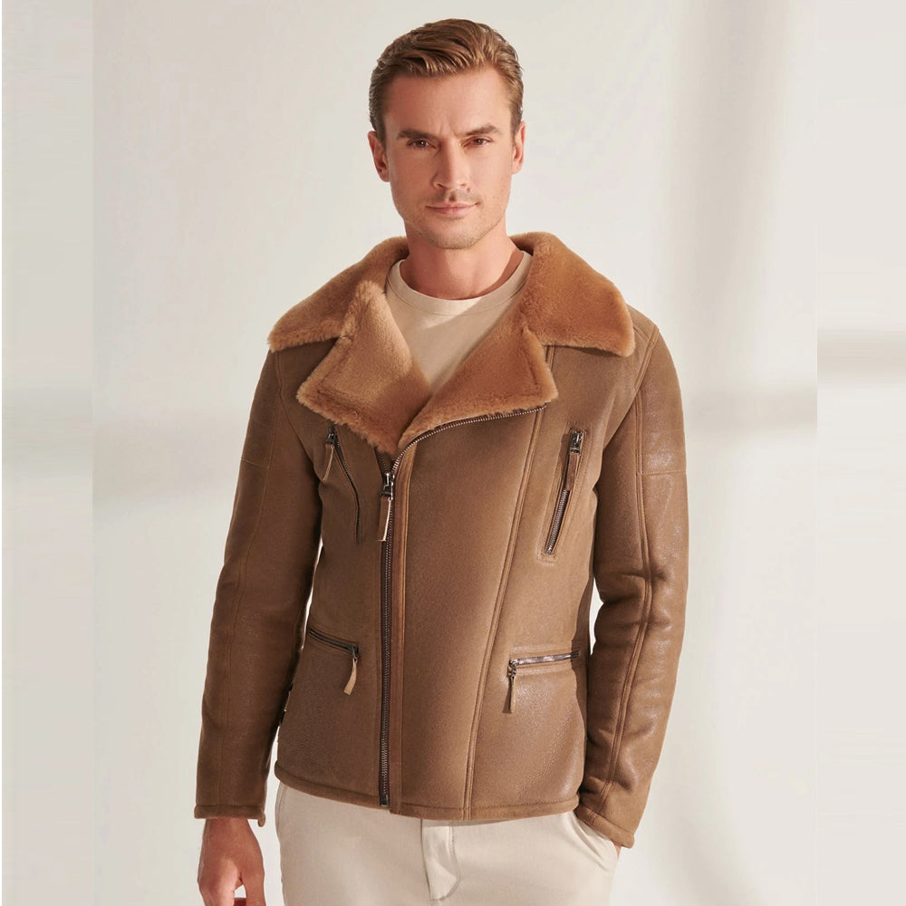 shearling Leather Jacket Men Brown Biker Suede Coats