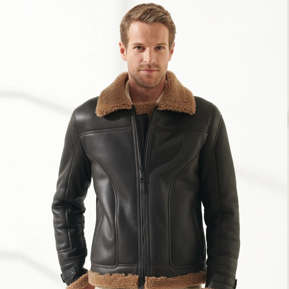 Genuine sheepskin Fashion shearling leather black jacket with brown fur
