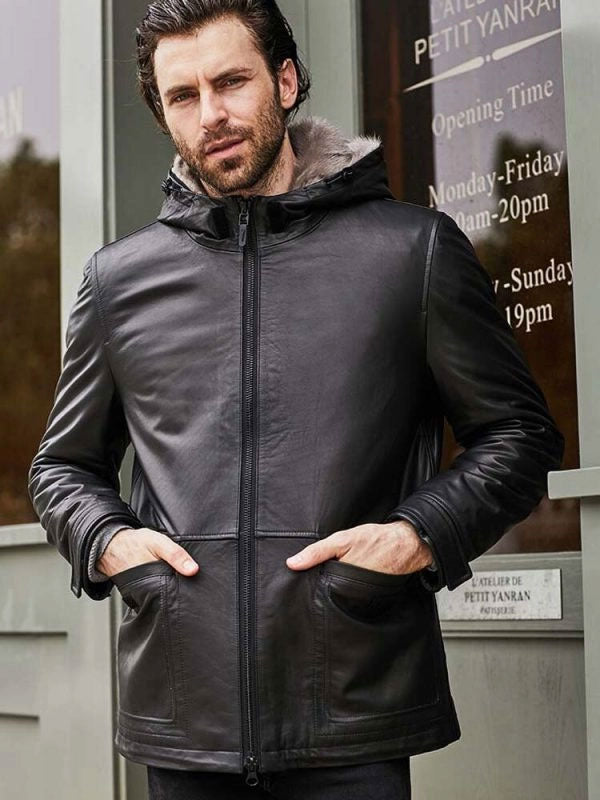 Fur Overcoat Black Leather Jacket Hooded Winter Outerwear