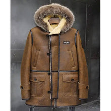 Men's Bomber Hooded Shearling Leather Long Coat | Men Shearling Coat