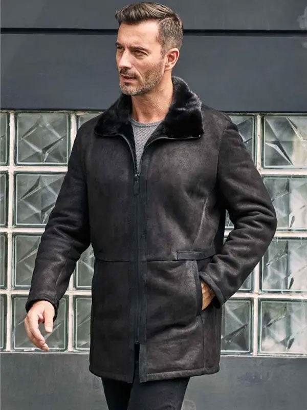Men Black Shearling Fur Outwear Mink Overcoat Lapel Leather Jacket Coat