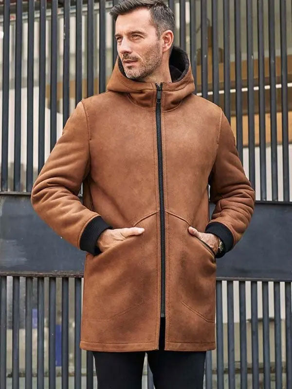 Brown Sheepskin Shearling Fur Hooded Outwear Overcoat Leather Jacket