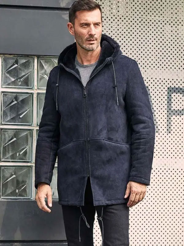 Leather Jacket Warm Wool Overcoat Long Winter Outwear Hooded Sheepskin