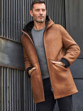Brown Sheepskin Shearling Fur Hooded Outwear Overcoat Leather Jacket