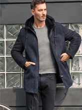 Leather Jacket Warm Wool Overcoat Long Winter Outwear Hooded Sheepskin