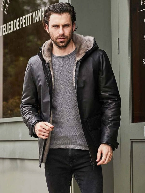 Fur Overcoat Black Leather Jacket Hooded Winter Outerwear