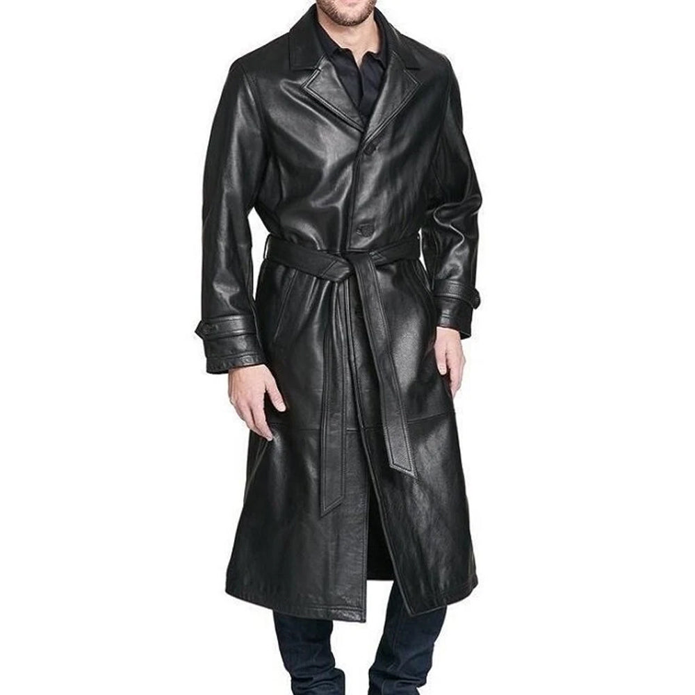 Men's Black Genuine Soft Lambskin Leather Belted Long Coat, Mens Black Real Leather Trench Coat, Men Black Leather Winter Coat